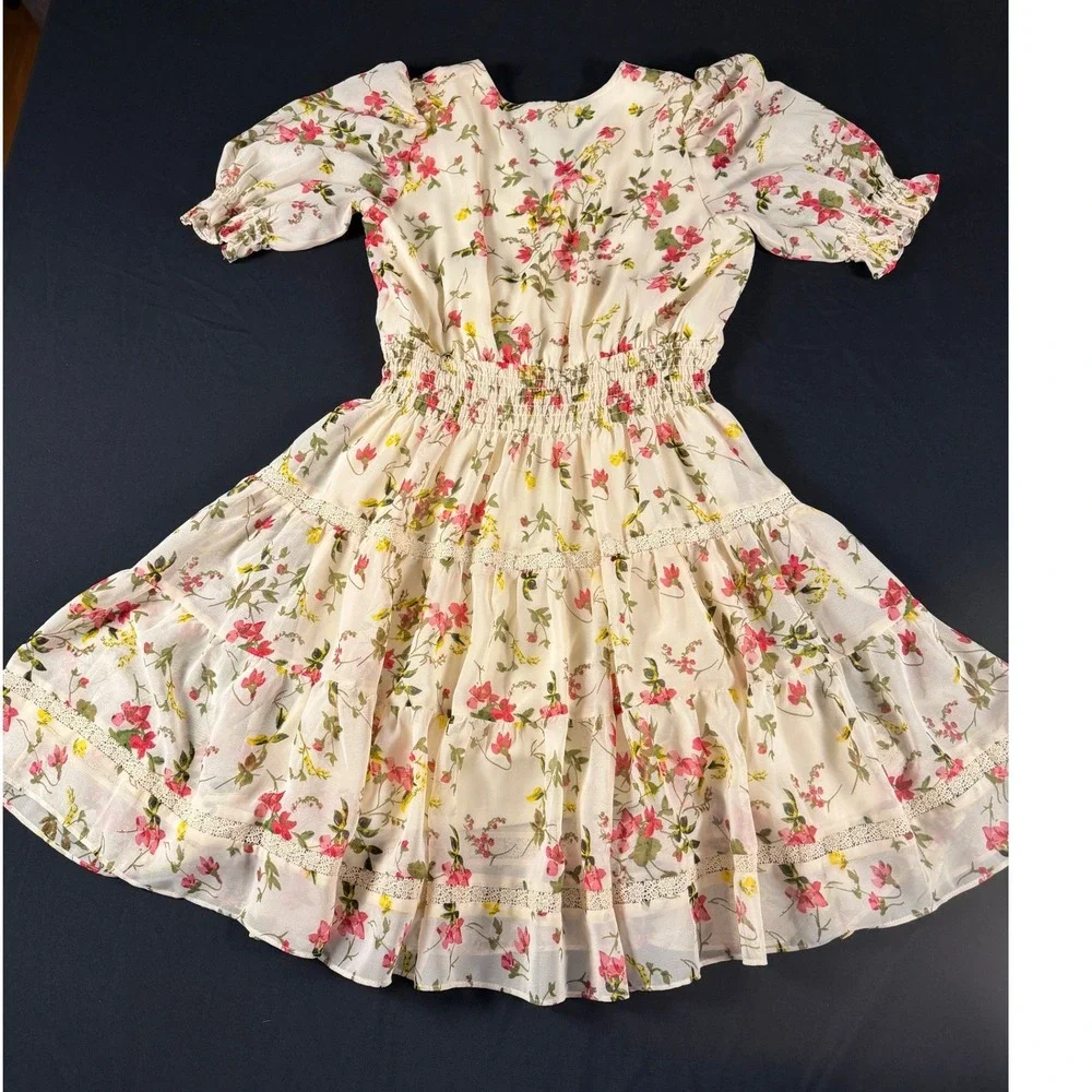 Taylor Floral Chiffon Tiered Mini Dress Cream Pink Smocked Waist Size M‎ - Picture 6 of 9